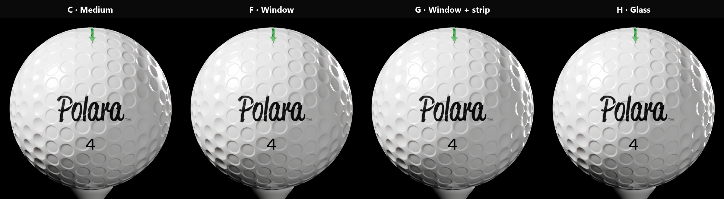 Tee finale ball at gloss levels C, F, G and H side by side